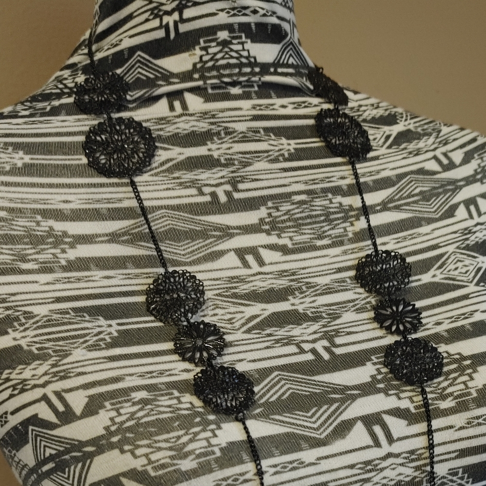 Long black vintage lacy flower necklace